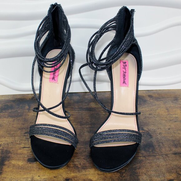 BETSEY JOHNSON KORA Size 8 Black Glitter Heels Pumps Open Toe Strappy Party - Picture 2 of 6